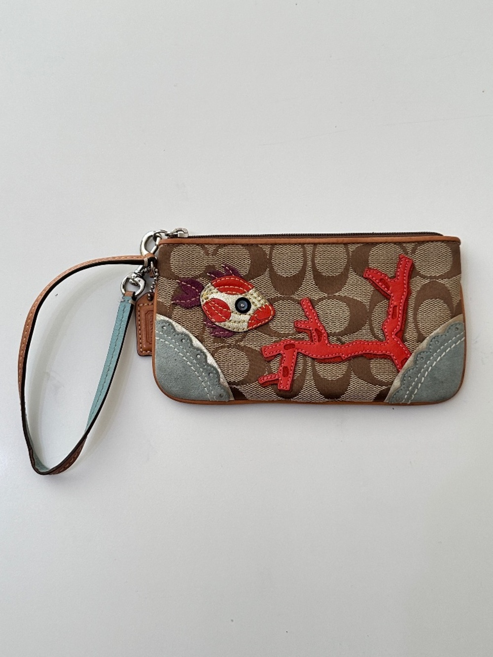 Coach Signature Brown Canvas Suede Appliqué Fish Coral Reef Wristlet Coin Wallet